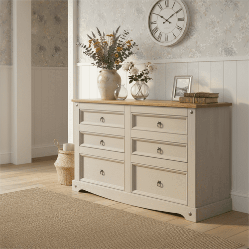 Puebla Grey Waxed Pine 3+3 Drawer Wide Chest CRG513