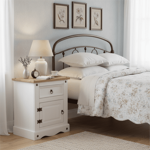 Puebla White Waxed Pine 1 Door 1 Drawer Bedside Cabinet CRW110