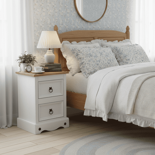 Puebla White Waxed Pine 2 Drawer Petite Bedside Cabinet CRW109