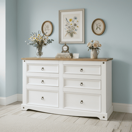 Puebla White Waxed Pine 3+3 Drawer Wide Chest CRW113