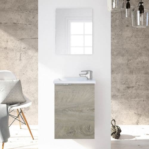 Ramon Grey Wood Effect Small Wall Hung Bathroom Vanity Cabinet With Basin Sink And Mirror 305000C/SO