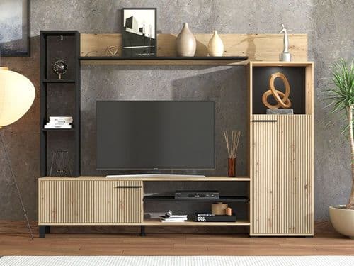Retimno Slatted Oak Effect And Black Entertaiment Unit Wall TV Cabinet - 11013492 S/O