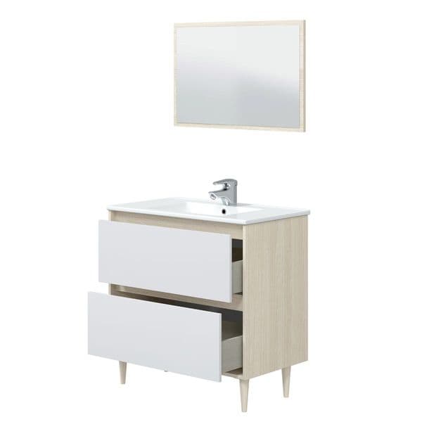Revona 800mm Oak Effect And White Bathroom Vanity Cabinet with Sink And Mirror - 305086R/SO