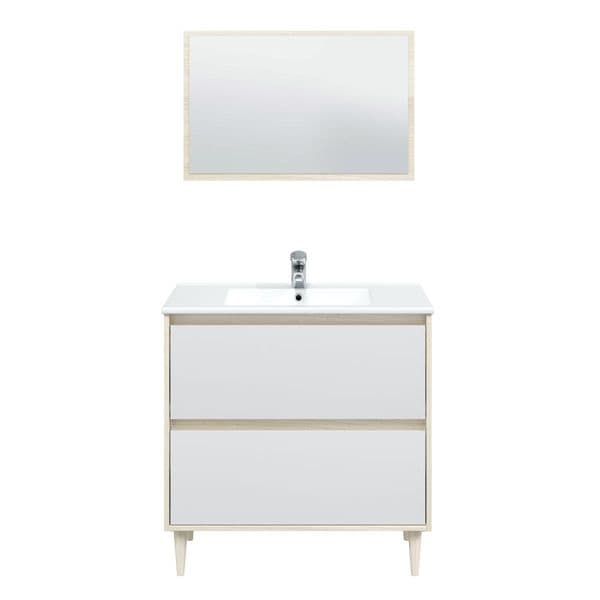 Revona 800mm Oak Effect And White Bathroom Vanity Cabinet with Sink And Mirror - 305086R/SO