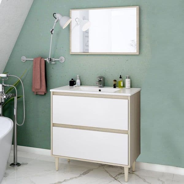 Revona 800mm Oak Effect And White Bathroom Vanity Cabinet with Sink And Mirror - 305086R/SO