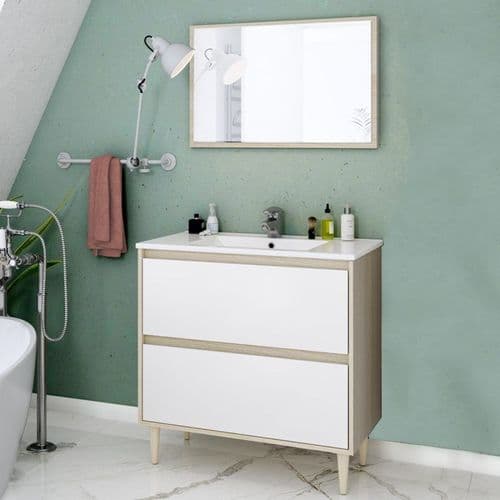 Revona 800mm Oak Effect And White Bathroom Vanity Cabinet with Sink And Mirror - 305086R/SO