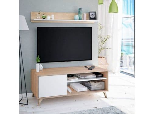 Riyad White And Oak Effect TV Unit Cabinet With Wall Shelf 016616F S/O