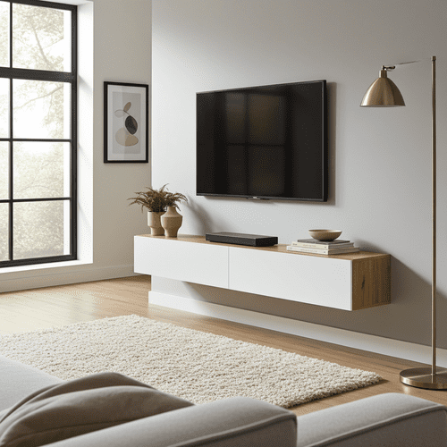 Rovero Nordic Oak Effect And White Wall Mounted Floating Wide  Large TV Entertainment Unit 016601WSO