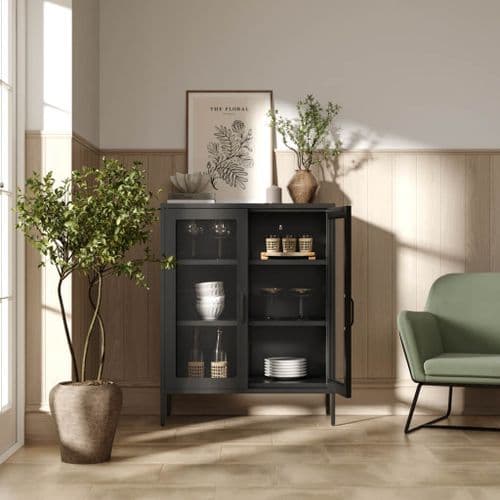 Ruvan Matte Black Steel Industrial Low 2 Door Display Cabinet 25LD