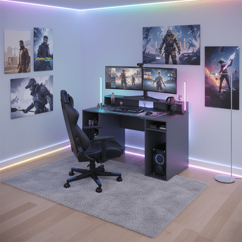 Saber Gaming Desk in Dark Grey with Hutch and Storage