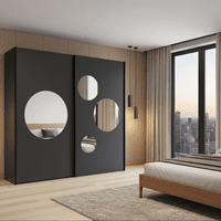 Sapphire Dark Grey Large 219cm Sliding Door Wardrobe With Round Mirrors - 8XGMS202
