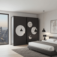 Sapphire Dark Grey Large 219cm Sliding Door Wardrobe With Round Mirrors - 8XGMS202