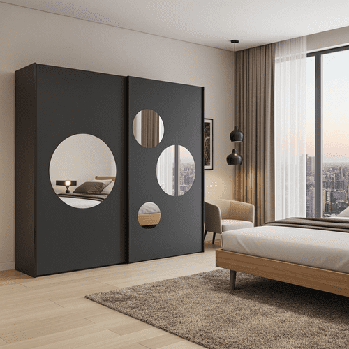 Sapphire Dark Grey Large 219cm Sliding Door Wardrobe With Round Mirrors - 8XGMS202