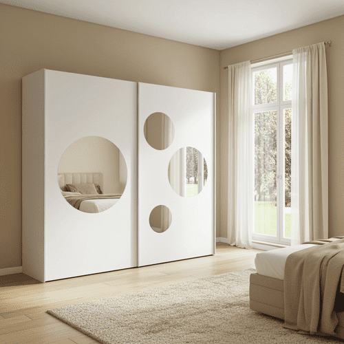 Sapphire White Large 219cm Sliding Door Wardrobe With Round Mirrors - 8XIKS102