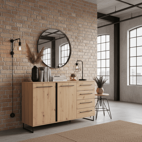 Sardinia Artisan Oak Effect And Black 159cm 2 Door 4 Drawer Sideboard - 11008230 RZ