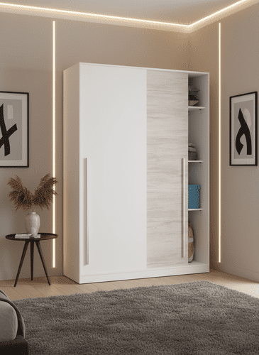 Shilton Artic White and White Oak Effect Small Narrow Sliding 2 Door Wardrobe 120cm Wide - TOP121A