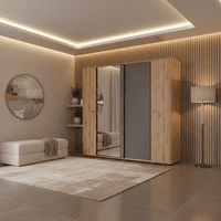 Sinop Slatted Artisan Oak Effect And Graphite Grey 4 Door Combination Hybrid Wardrobe 11015208 S/O