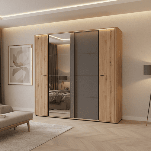 Sinop Slatted Artisan Oak Effect And Graphite Grey 4 Door Combination Hybrid Wardrobe 11015208 S/O
