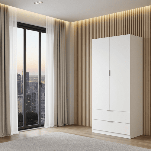 Spiro Artic White Compact Narrow 2 Door 2 Drawer Space-Saving Wardrobe 81cm Wide - LCX222O