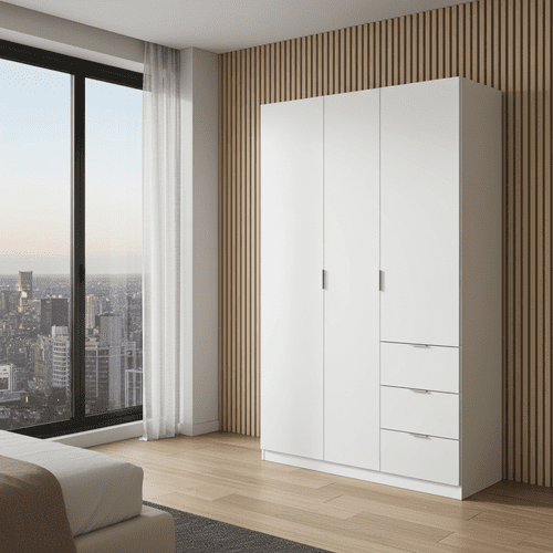 Spiro Artic White Narrow 3 Door 3 Drawer Space-Saving Wardrobe 135cm Wide - LCX353O