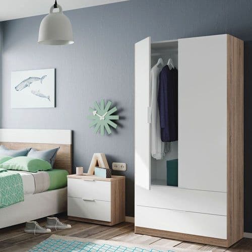 Spiro Artic White & Oak Effect Compact 2 Door 2 Drawer Space-Saving Wardrobe 81cm -LC1222F - S/O