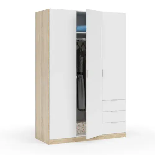 Spiro Artic White & Oak Effect Narrow 3 Door 3 Drawer Space-Saving Wardrobe 121cm - LC1323F - S/O