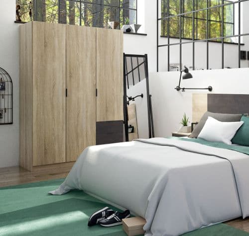 Spiro Oak and Oxide Brown Small Narrow 3 Door 3 Drawer Space-Saving Wardrobe 121cm Wide - LC0323F