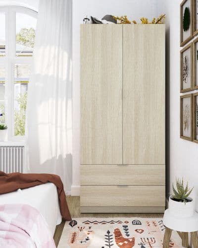 Spiro Oak Effect Compact Narrow 2 Door 2 Drawer Space-Saving Wardrobe 81cm Wide - 00X222R