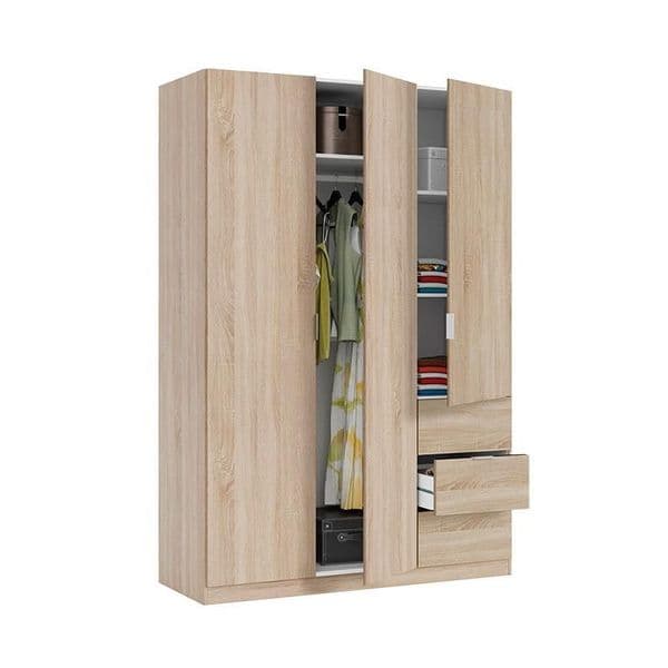 Spiro Oak Effect Narrow 3 Door 3 Drawer Space-Saving Wardrobe 135cm Wide - LCX353F