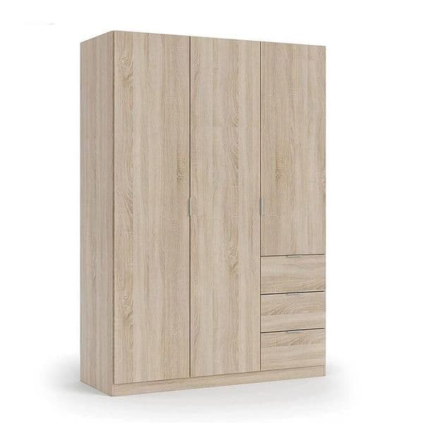 Spiro Oak Effect Narrow 3 Door 3 Drawer Space-Saving Wardrobe 135cm Wide - LCX353F