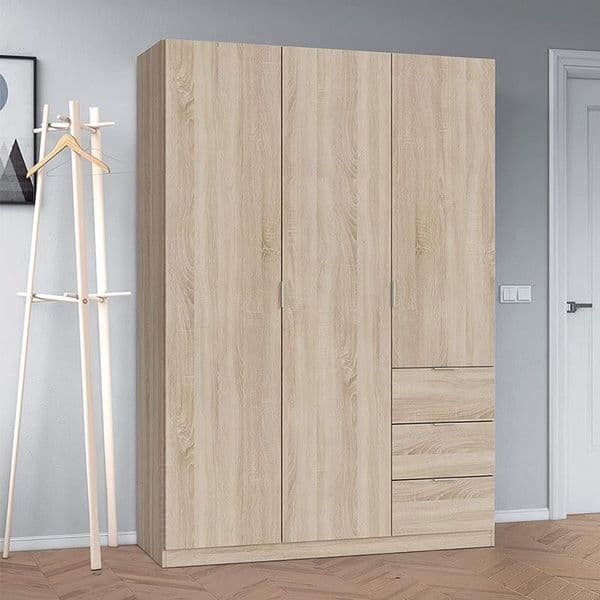 Spiro Oak Effect Narrow 3 Door 3 Drawer Space-Saving Wardrobe 135cm Wide - LCX353F