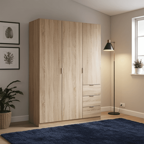 Spiro Oak Effect Narrow 3 Door 3 Drawer Space-Saving Wardrobe 135cm Wide - LCX353F