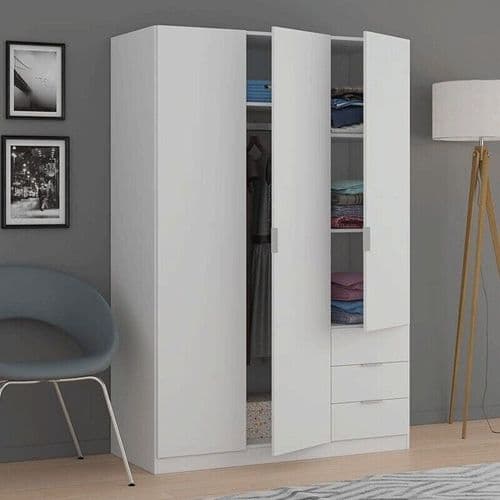 Spiro Small Artic White Narrow 3 Door 3 Drawer Space-Saving Wardrobe 121cm Wide - LCX323O