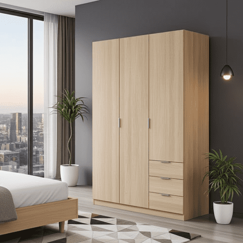 Spiro Small Oak Effect Narrow 3 Door 3 Drawer Space-Saving Wardrobe 121cm Wide - LCX323R