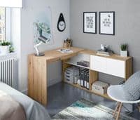 Suplex White and Oak Effect Modern Reversible Flexible Desk with Built in Bookcase - 018316W