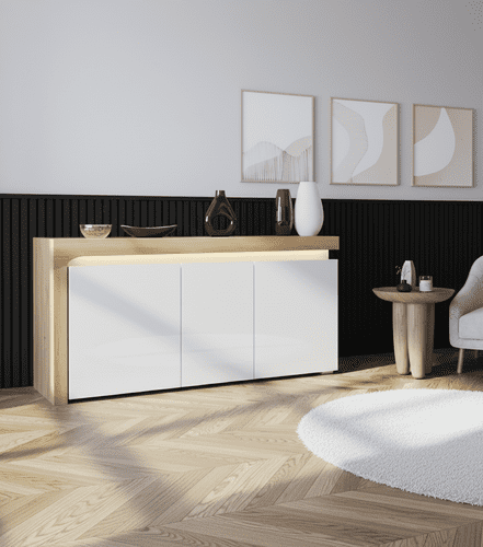Theo Large Modern Oak and White Gloss 3 Door Sideboard With Lights - THK-1 - N8C