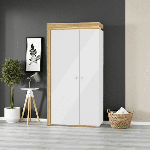 Theo White High Gloss And Oak 2 Door Wardrobe With Shelves and LED Lights - THS-2-N8C