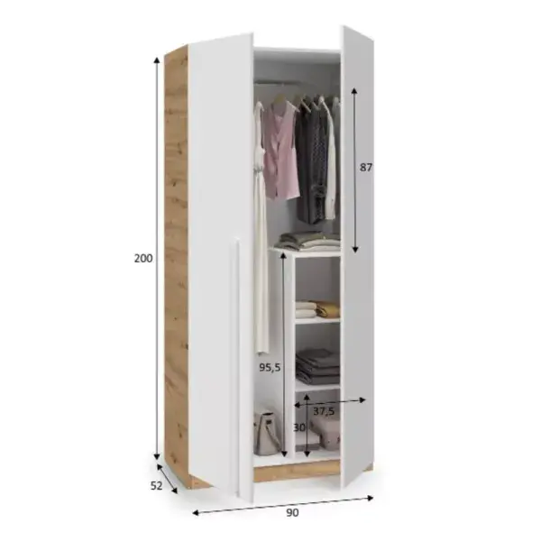 Todibo Oak Effect & White 2 Door Wardrobe - 017437W - S/O