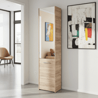 Tokyo Oak Effect Mirrored 1 Door 30 Pair Tall Slim Shoe Cabinet Cupboard - 11011486 RZ