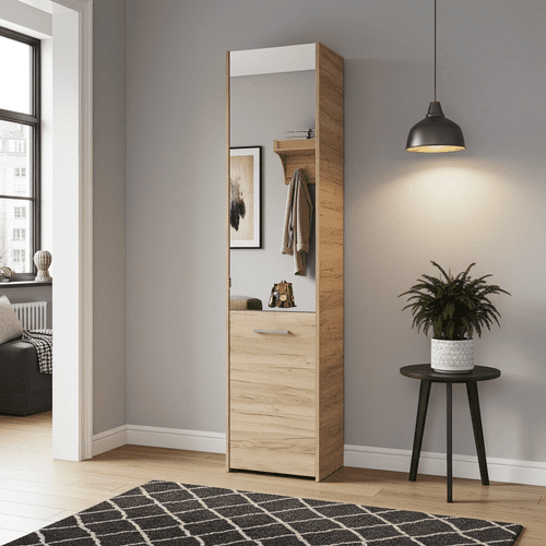 Tokyo Oak Effect Mirrored 1 Door 30 Pair Tall Slim Shoe Cabinet Cupboard - 11011486 RZ