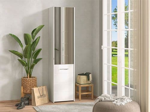 Tokyo White Mirrored 1 Door 30 Pair Tall Slim Shoe Cabinet Cupboard - 11011483 RZ