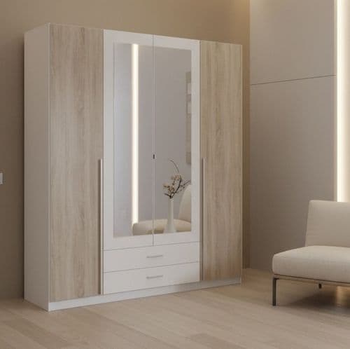 Toronto 4 Door and 2 Drawer White and Oak effect 180cm Wardrobe 119453