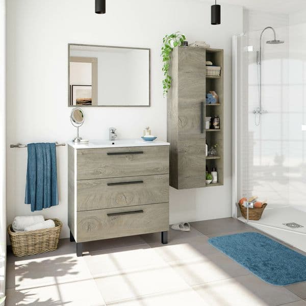 Torres 800mm Grey Wood Effect 3 Drawer Bathroom Vanity Cabinet with Sink And Mirror -305423c/SO
