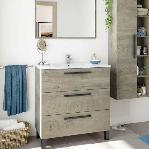 Torres 800mm Grey Wood Effect 3 Drawer Bathroom Vanity Cabinet with Sink And Mirror -305423c/SO