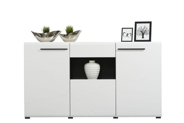 Trinity Large Tall Sideboard in White Gloss and Black With Drawers and Cupboards