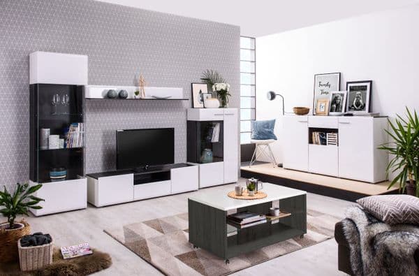 Trinity Large Tall Sideboard in White Gloss and Black With Drawers and Cupboards