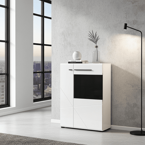 Trinity Short Low Display Cabinet In White Gloss with Black