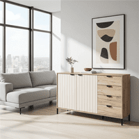 Vandea Grey Oak Effect And Cashmere Slatted 157cm 2 Door 4 Drawer Sideboard - 11013385 RZ