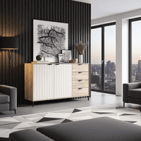Vandea Grey Oak Effect And Cashmere Slatted 157cm 2 Door 4 Drawer Sideboard - 11013385 RZ