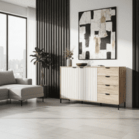 Vandea Grey Oak Effect And Cashmere Slatted 157cm 2 Door 4 Drawer Sideboard - 11013385 RZ